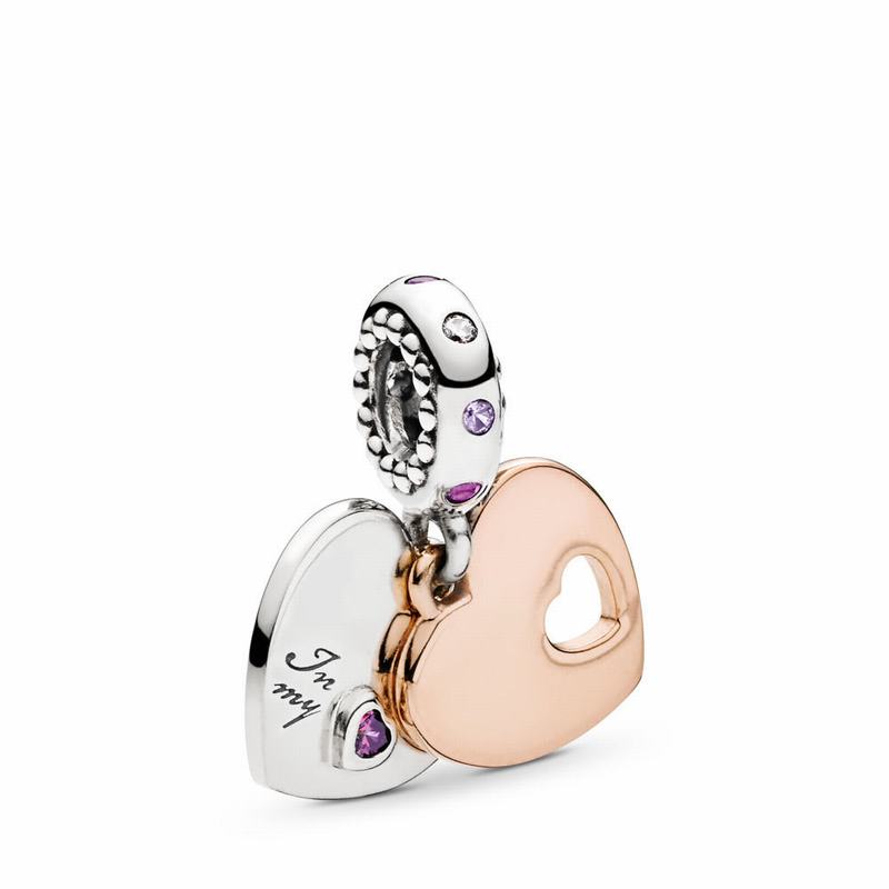 Pandora Two Hearts Dangle Charm Ireland - Pandora Rose/Sterling Silver/Pink/Mixed Stones - 790136HLQ